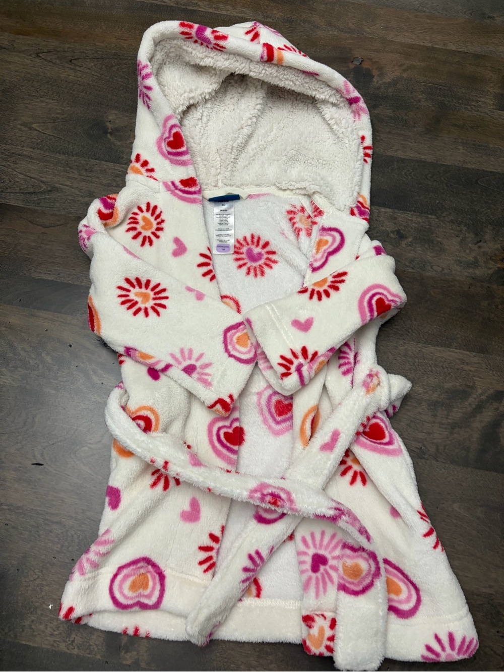 Plush Hooded Kids Bathrobe in White with Pink & Red Hearts